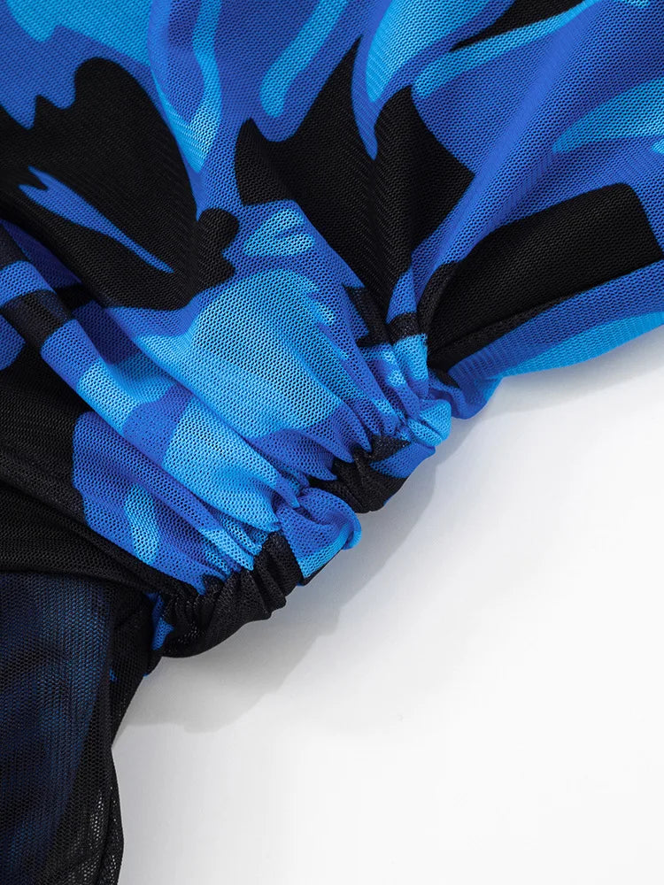 Blue Print Ruffled Sexy Mini Dress For Women Robe Irregular Oblique Shoulder Sleeveless Backless Club Party Dress Beach