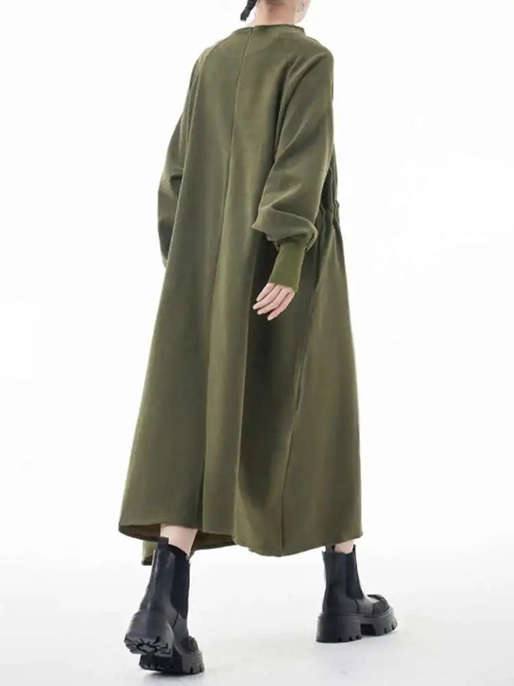 Women Army Green Big Size A-line Long Dress New Round Neck Long Sleeve Loose Fashion Tide Spring Autumn 2025 1DH3874