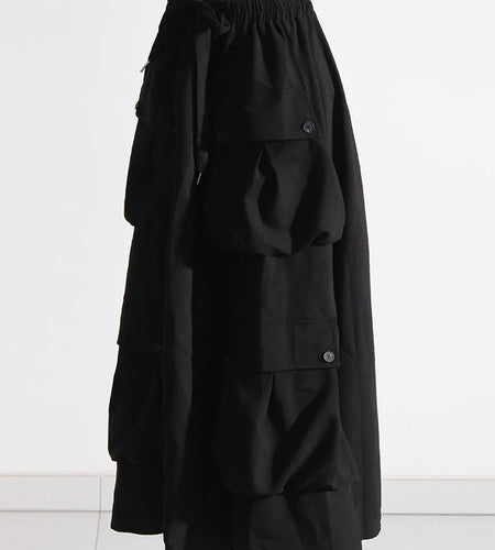 Solid Patchwork Pockets Casual Loose Skirts For Women High Waist Spliced Drawstring Minimalsit Skirt Female