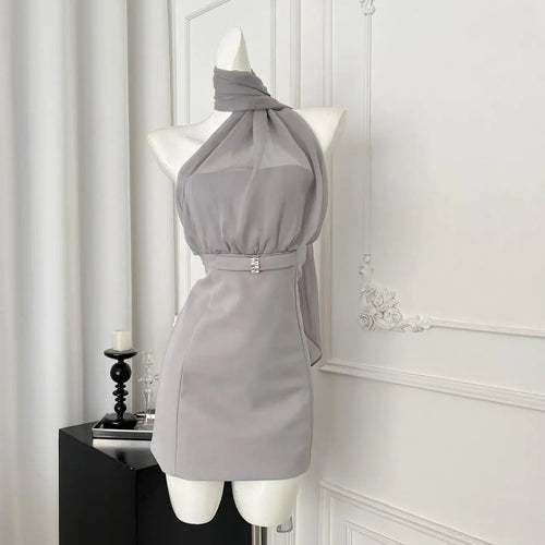 Load image into Gallery viewer, Korean Vintage Women's Grey Mesh Elegant Holiday Backless Halter Bandage Short Dresses Summer Sleeveless Party Evening Dress New
