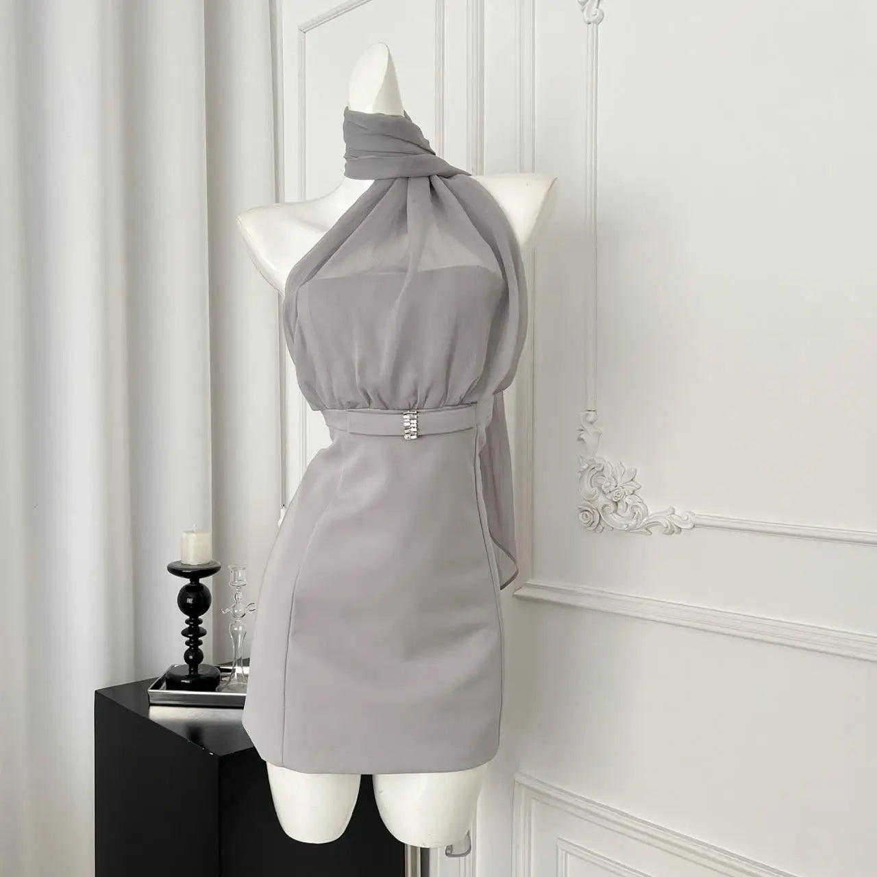 Korean Vintage Women's Grey Mesh Elegant Holiday Backless Halter Bandage Short Dresses Summer Sleeveless Party Evening Dress New