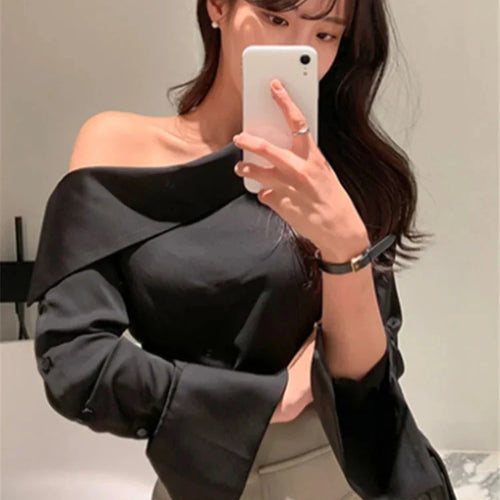 Load image into Gallery viewer, Office Lady Korean Style Black Blouses One Shoulder Sexy Shirts Women Spring Summer Cold Blouse Female Elegant White Tops
