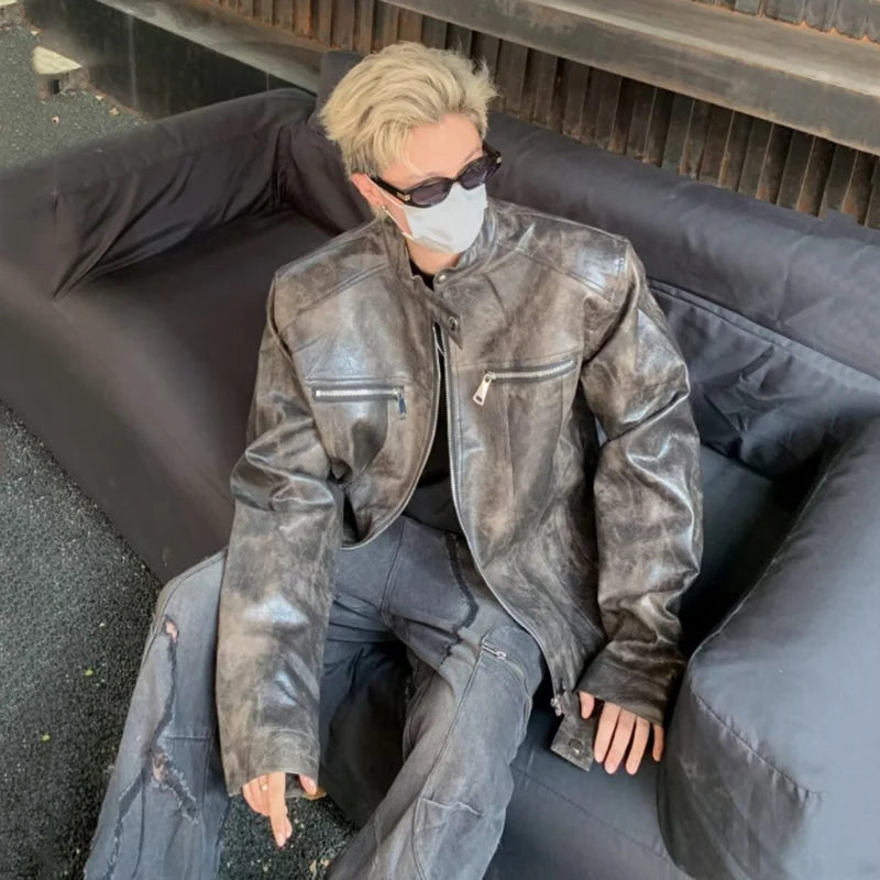 PU Leather Jackets New Fashion Tide Round Collar Male Zipper Make Old Reteo Male Jacket 2025 Spring Trend Men 9C9258