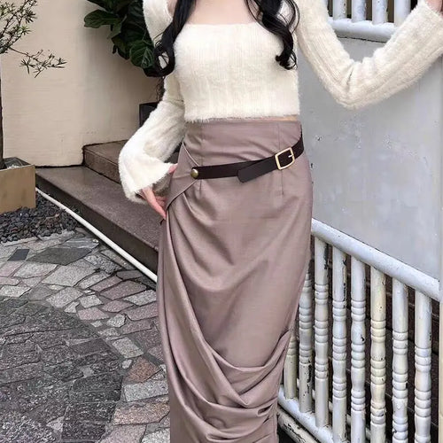 Load image into Gallery viewer, Hit Color Spliced Belt Asymmetrical Temperament Skirt For Women High Waist Patchwork Folds Casual Skirt Female New
