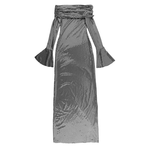 Load image into Gallery viewer, Elegant Strapless Sparkle Maxi Dress For Women Fashion Off-shoulder Backless Long Flare Sleeve Bodycon Club Party Dress
