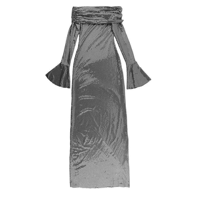 Elegant Strapless Sparkle Maxi Dress For Women Fashion Off-shoulder Backless Long Flare Sleeve Bodycon Club Party Dress