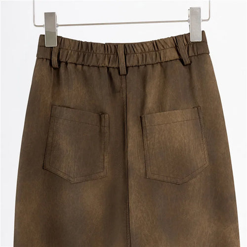 Load image into Gallery viewer, Retro 2024 Autumn Black Sexy Slim Women Split Pu Leather Skirts Fashion Brown Elegant High Waist Versatile Wrap Hip Midi Skirt
