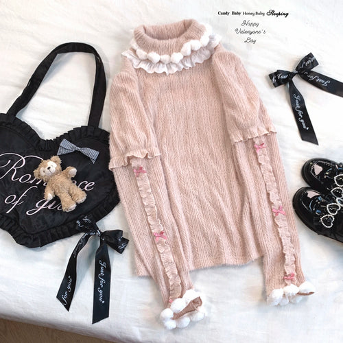 Load image into Gallery viewer, Sweet Ruffled Patchwork Turtleneck Pullover 2025 Women Y2k Aesthetic Knitted Kawaii Cute Jumper Harajuku Fairy Bow Loose Sweater

