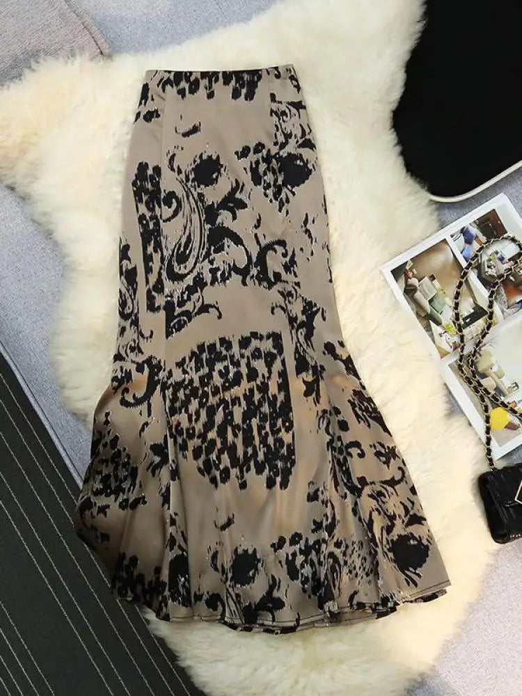 Vintage Women Fashion Bohemian Printed Slim Zipper Long Skirt Ladies Summer French High Waist Party Wrapped Hip Fishtail Skirts