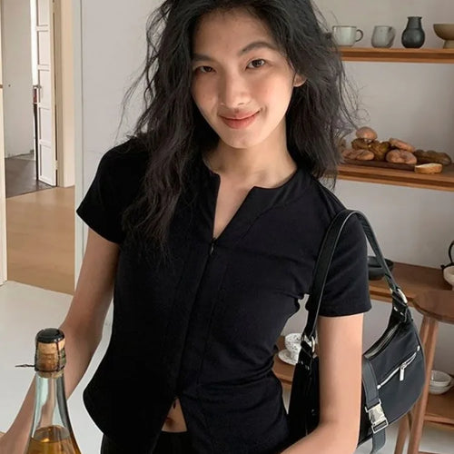 Load image into Gallery viewer, 2025 Harajuku Zipper Designer Solid Shirt Y2k Aesthetic Bodycon Simple Fairy Tshirt Women Slim Fit Streetwear T Shirt Summer
