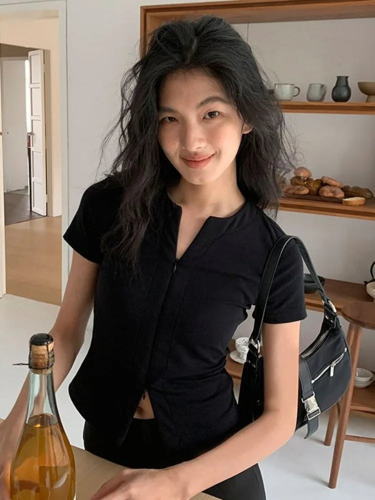 2025 Harajuku Zipper Designer Solid Shirt Y2k Aesthetic Bodycon Simple Fairy Tshirt Women Slim Fit Streetwear T Shirt Summer