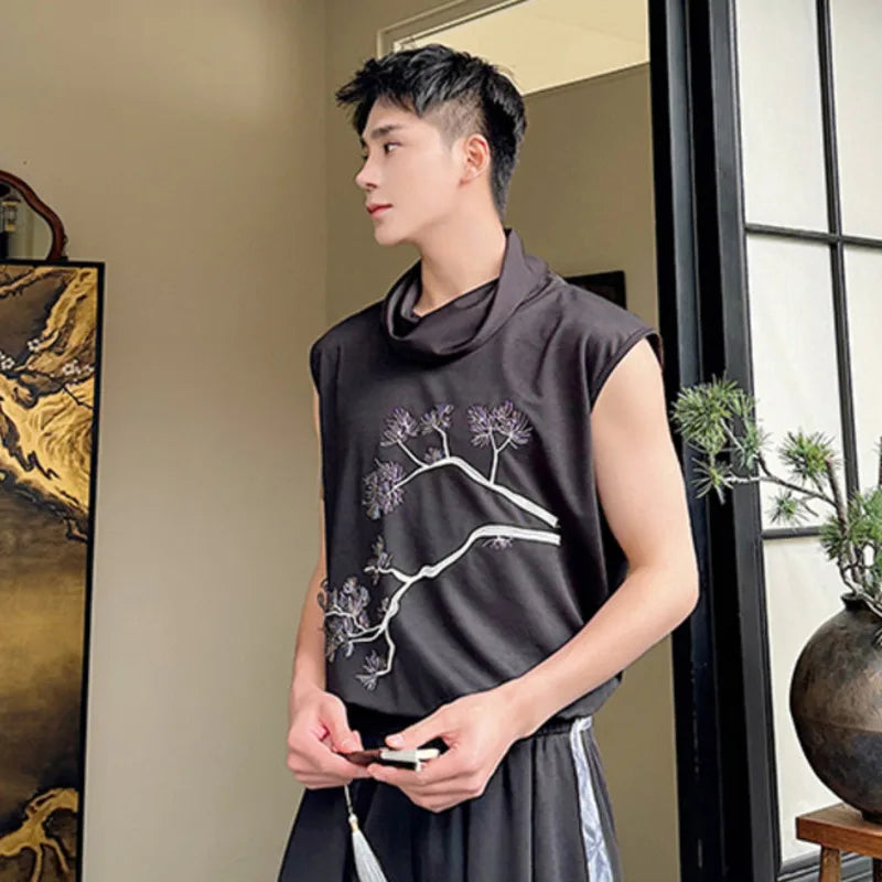 Chinese Style Men's Tank Top 2024 Summer New Embroidered Sleeveless Personality Stacked Collar Design Loose Male Vest C5912