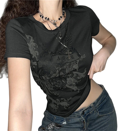 y2k Fairy Grunge Tops Summer Vintage Floral Print Short Sleeve Tshirt 2000s Aesthetic Women Harajuku Tee Streetwear