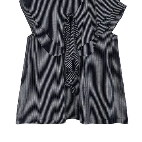 Load image into Gallery viewer, Women Navy Blue Ruffles Striped Elegant  Blouse New V-Neck Short Sleeve Shirt Fashion Tide Spring Summer 2025 1DJ1697
