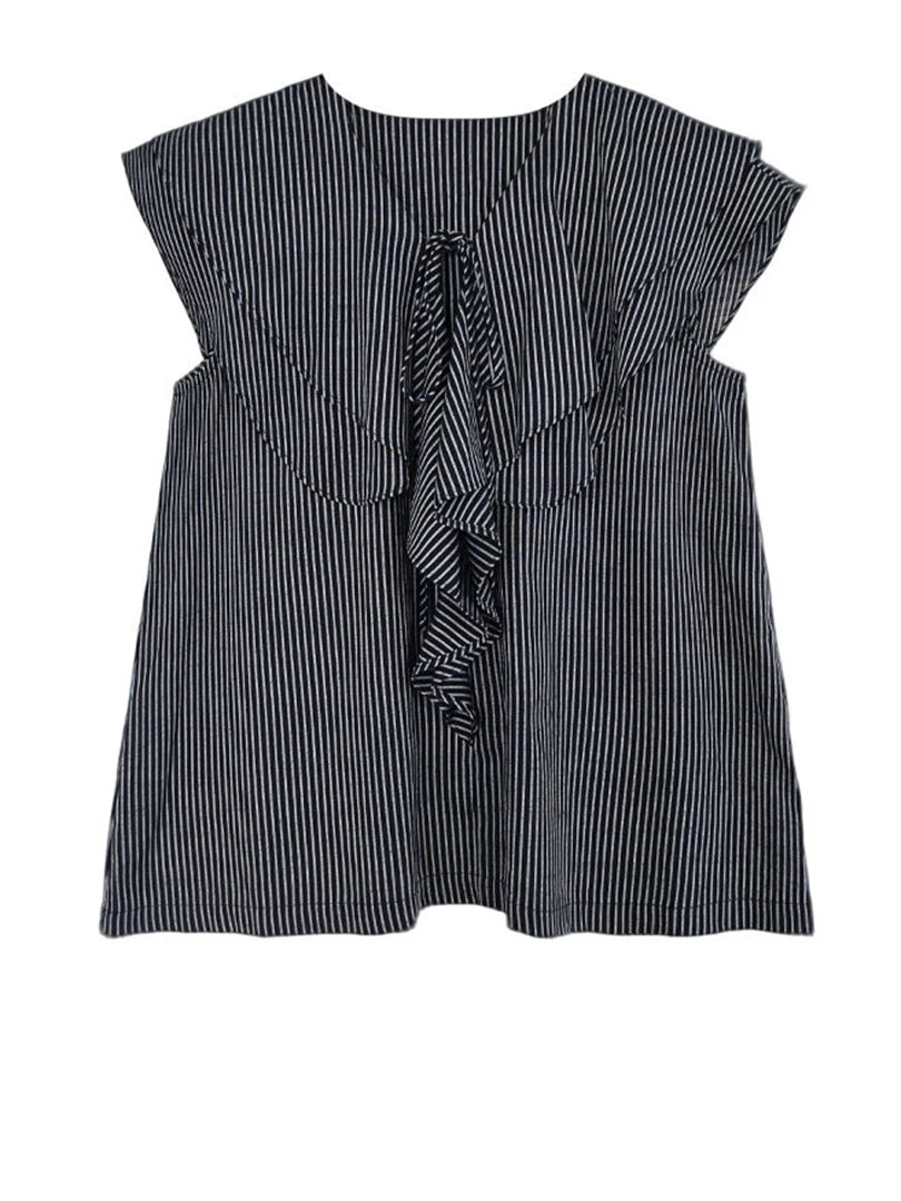 Women Navy Blue Ruffles Striped Elegant  Blouse New V-Neck Short Sleeve Shirt Fashion Tide Spring Summer 2025 1DJ1697