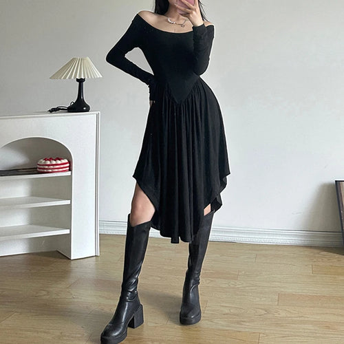 Load image into Gallery viewer, Asymmetrical Fashion Black Party Dress Female Folds Off Shoulder Solid Elegant Club Autumn Dress Midi Pleated Clothes
