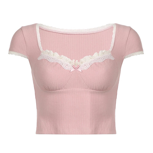 Load image into Gallery viewer, V Neck Sweet Pink Frill Bow Fold Summer T shirt Women Korean Style Slim Crop Top Tee Cute Y2K Coquette Clothes Shirts
