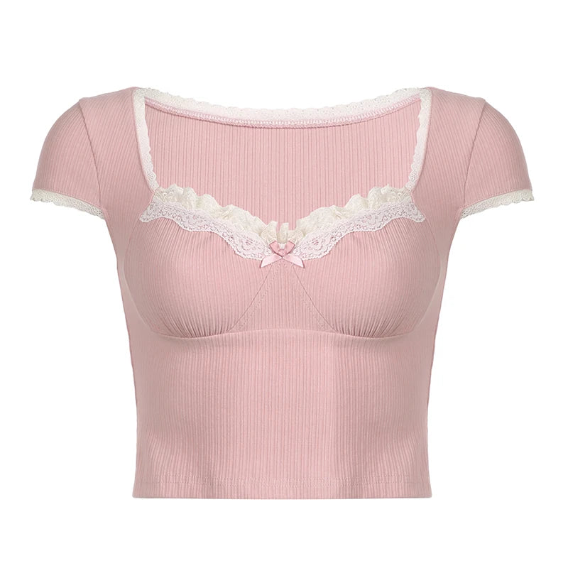 V Neck Sweet Pink Frill Bow Fold Summer T shirt Women Korean Style Slim Crop Top Tee Cute Y2K Coquette Clothes Shirts