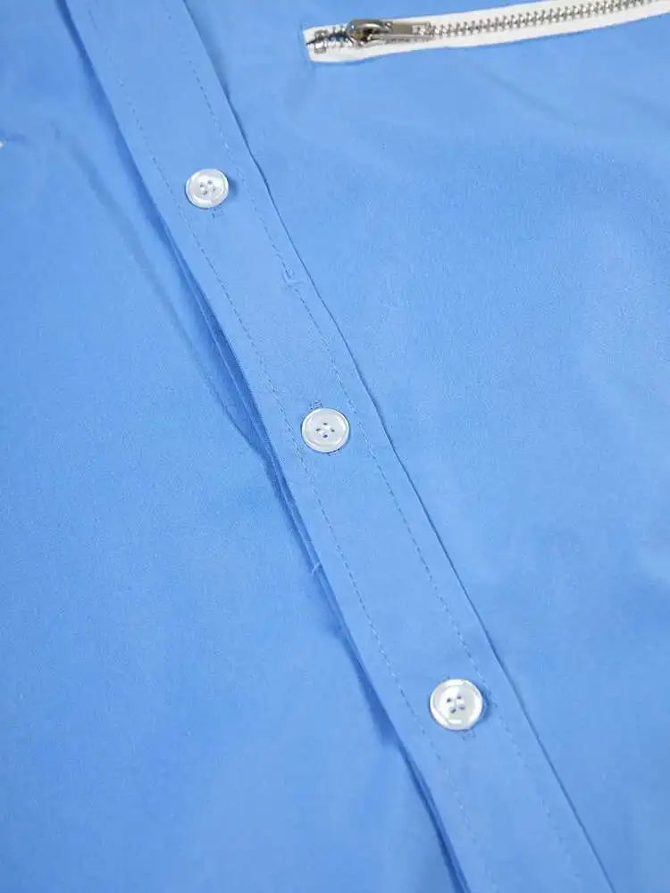 Women Blue Zipper Color-block Big Size Blouse New Lapel Long Sleeve Loose Fit Shirt Fashion Spring Autumn 2025 1DF8121