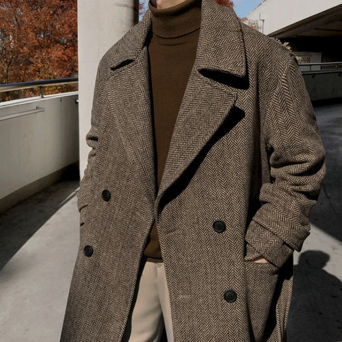 Load image into Gallery viewer, Winter Men&#39;s Woolen Overcoats Thick Double Breasted Belt Turn-down Collar Overknee Solid Color Casual Male Trench 9C8995
