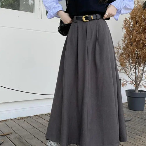 Load image into Gallery viewer, Autumn Black Pockets Long Skirt Women With Belt 2023 Fashion Korean Ladies High Waist Pleated A-line Grey Suit Skirt Female Chic
