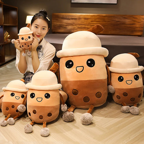 Load image into Gallery viewer, 25cm cute cartoon bubble tea cup shaped pillow real-life pearl milk tea plush toys stuffed soft back cushion funny boba food
