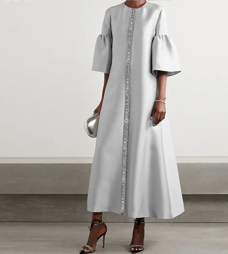 Women’s Luxury Silver Gown with Crystal Embellishments Fit Summer Elegant Flared Sleeves Midi Evening Dresses 2025 New