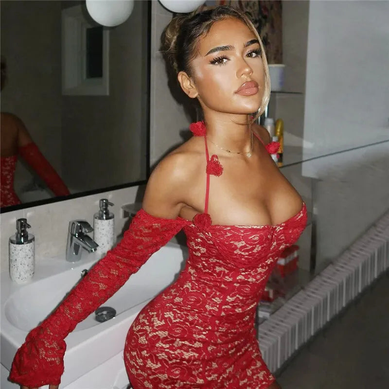 Red Lace Off-shoulder Sexy Mini Dress For Women Fashion Halter Strapless Long Sleeve Bodycon Club Party Sexy Dress