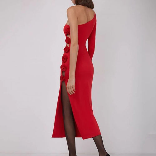 Load image into Gallery viewer, One Shoulder Long Sleeve 3D Flower Dress Women's High Split Bodycon Backless Midi Dress Female Party Club Evening Dress
