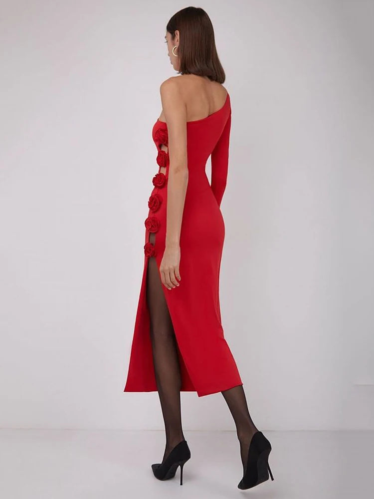 One Shoulder Long Sleeve 3D Flower Dress Women's High Split Bodycon Backless Midi Dress Female Party Club Evening Dress