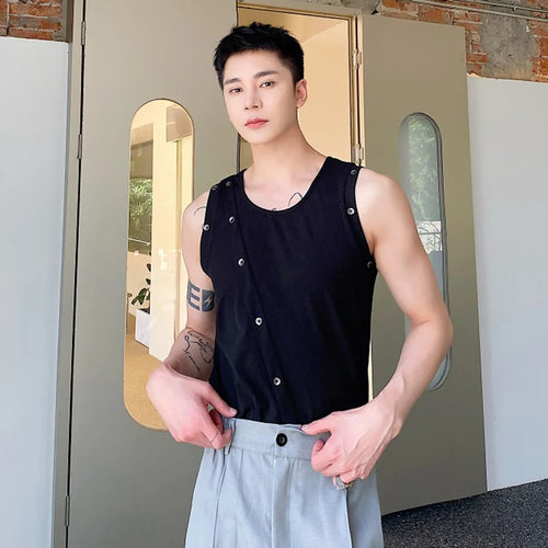 Load image into Gallery viewer, Summer Tight Fitting Vest Round Neck Sleeveless Men&#39;s Tank Top Personalized Button Shoulderless Fashion Solid Color 9C5330
