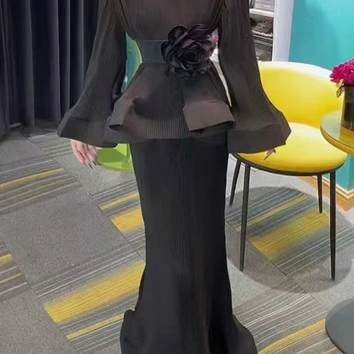 Load image into Gallery viewer, Hit Color Spliced Belt Two Piece Set For Women O Neck Long Sleeve Top High Wait Slimming Skirt Sets Female Fashion
