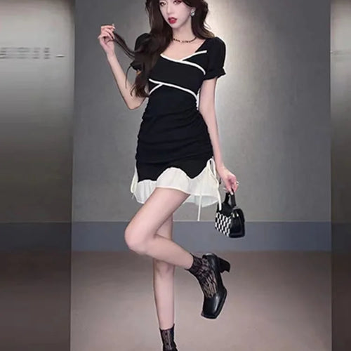 Load image into Gallery viewer, Y2k Bandage Sexy Bodycon Black Dress Women Korean Wrap Puff Sleeve Mini Short Dresses Party Ruffles Backless Fashion
