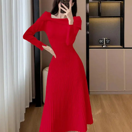 Load image into Gallery viewer, Black Elegant Long Sleeve Knit Dress Women Autumn Beige Bow French Fashion Slim Casual Ladies Midi Red Party Dresses Simplicity
