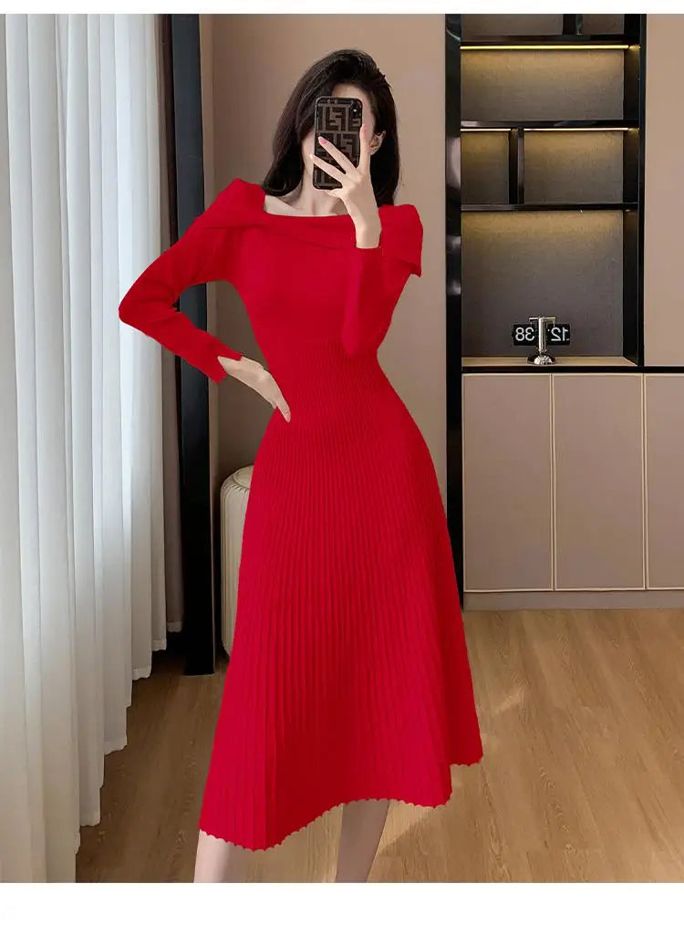 Black Elegant Long Sleeve Knit Dress Women Autumn Beige Bow French Fashion Slim Casual Ladies Midi Red Party Dresses Simplicity