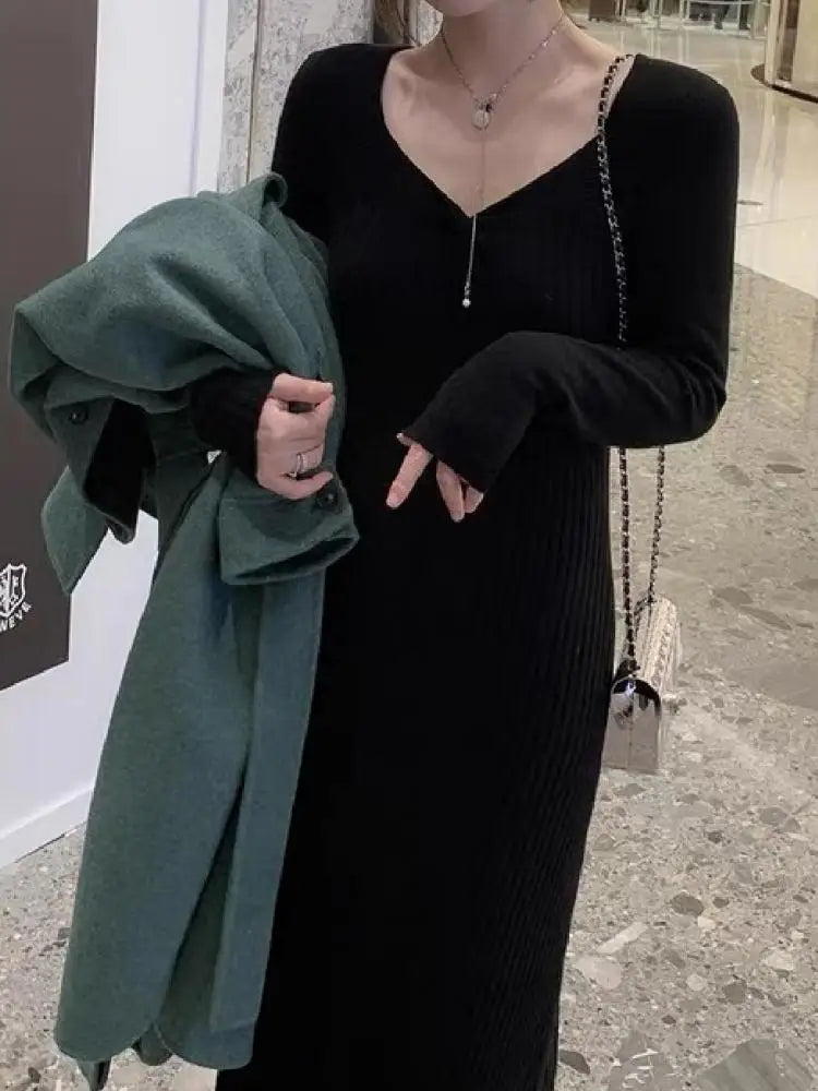 Vintage Solid Festival Slim Long Sleeve Square V Neck Midi Dress 2023 Fall Winter Evening Party Elegant Dress Simplicity Popular