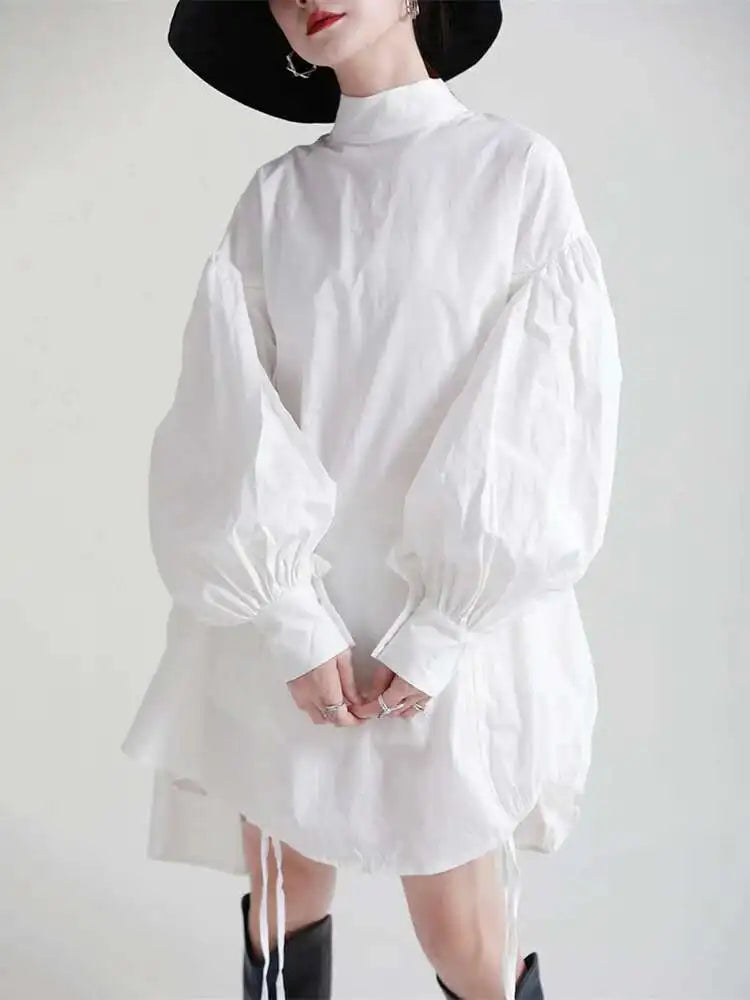 Women Balck Irregular Drawstring Big Size Dress New Stand Collar Long Sleeve Loose Fit Fashion Spring Autumn 2025 1Z18901