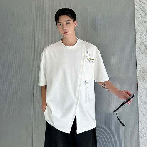 Load image into Gallery viewer, Summer Men&#39;s T-shirt Chinese Style Embroidered Short Sleeve Loose Split Hem Design Male Round Collar Tee 9C6034
