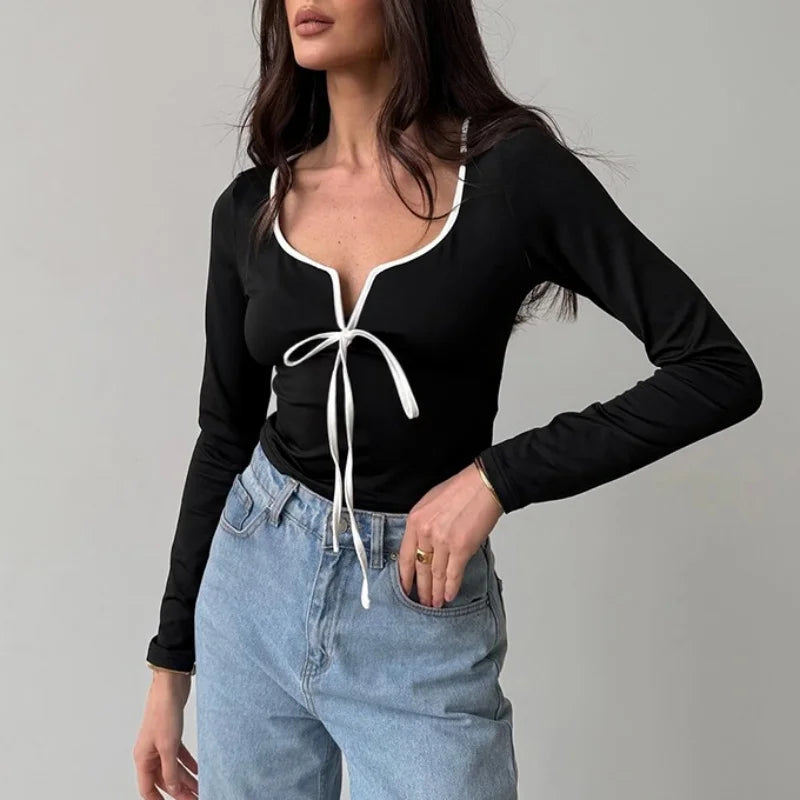 y2k Crop Top Women Sexy Clothes Square Neck Tie Front Contrast Color Long Sleeve T Shirt 2000s Clothing Streetwear