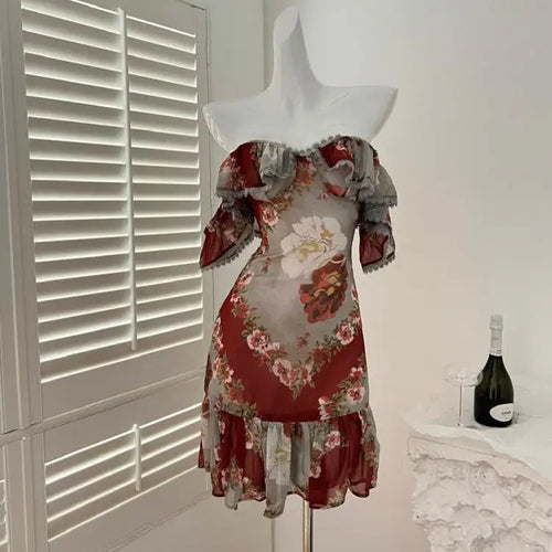 Load image into Gallery viewer, French Red Print Elegant Square Neck Slim Sexy Party Short Dress Women's Summer New Ruffled Edge Dresses Fashion Bohemian Trendy

