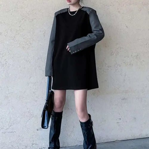 Load image into Gallery viewer, Women Black Color-block Blazer Fabric Elegant Mini Dress New Round Neck Long Sleeve Fashion Spring Autumn 2025 1DH9822
