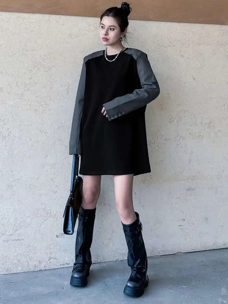 Women Black Color-block Blazer Fabric Elegant Mini Dress New Round Neck Long Sleeve Fashion Spring Autumn 2025 1DH9822