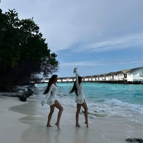 Load image into Gallery viewer, Flare Sleeve Ruffle Sexy Mini Dress Women Robe Irregular Single-breasted V Neck High Waist Slim A-line Club Dress
