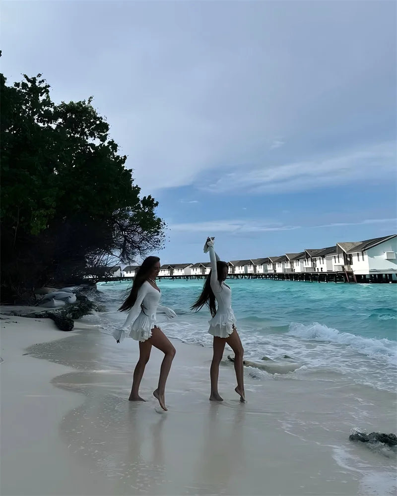 Flare Sleeve Ruffle Sexy Mini Dress Women Robe Irregular Single-breasted V Neck High Waist Slim A-line Club Dress