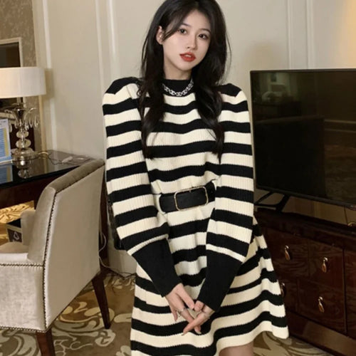 Load image into Gallery viewer, Knitted Knit Striped Sweater Dress Women Belt Korean Fashion Kpop Long Sleeve Mini Short Dresses Autumn Winter
