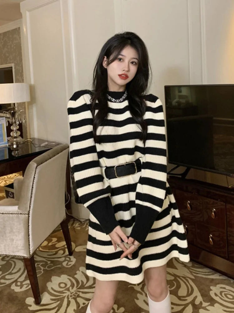 Knitted Knit Striped Sweater Dress Women Belt Korean Fashion Kpop Long Sleeve Mini Short Dresses Autumn Winter