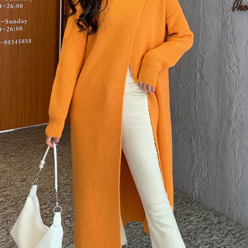 Load image into Gallery viewer, Women Orange Knitting Long Slit Big Size Dress New Turtleneck Long Sleeve Loose Fit Fashion Spring Autumn 2025 1DE5886
