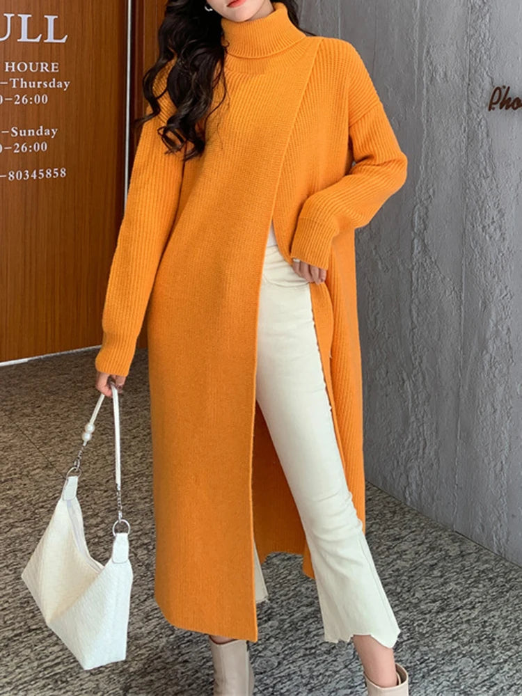 Women Orange Knitting Long Slit Big Size Dress New Turtleneck Long Sleeve Loose Fit Fashion Spring Autumn 2025 1DE5886