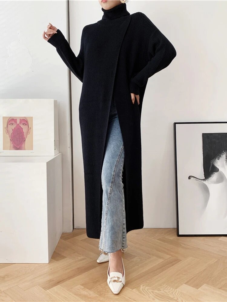 Asymmetrical Hem Sweater For Women Turtleneck Long Sleeve Irregular Loose Solid Knitting Sweaters Female Clothing