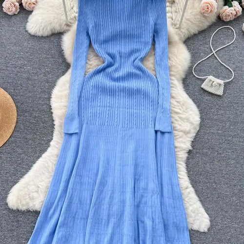 Load image into Gallery viewer, Women Elegant Patchwork Embroidery Knit Sweater Long Dress Autumn Winter Casual Fashion Slim Long Sleeve Button Dresses New 2023
